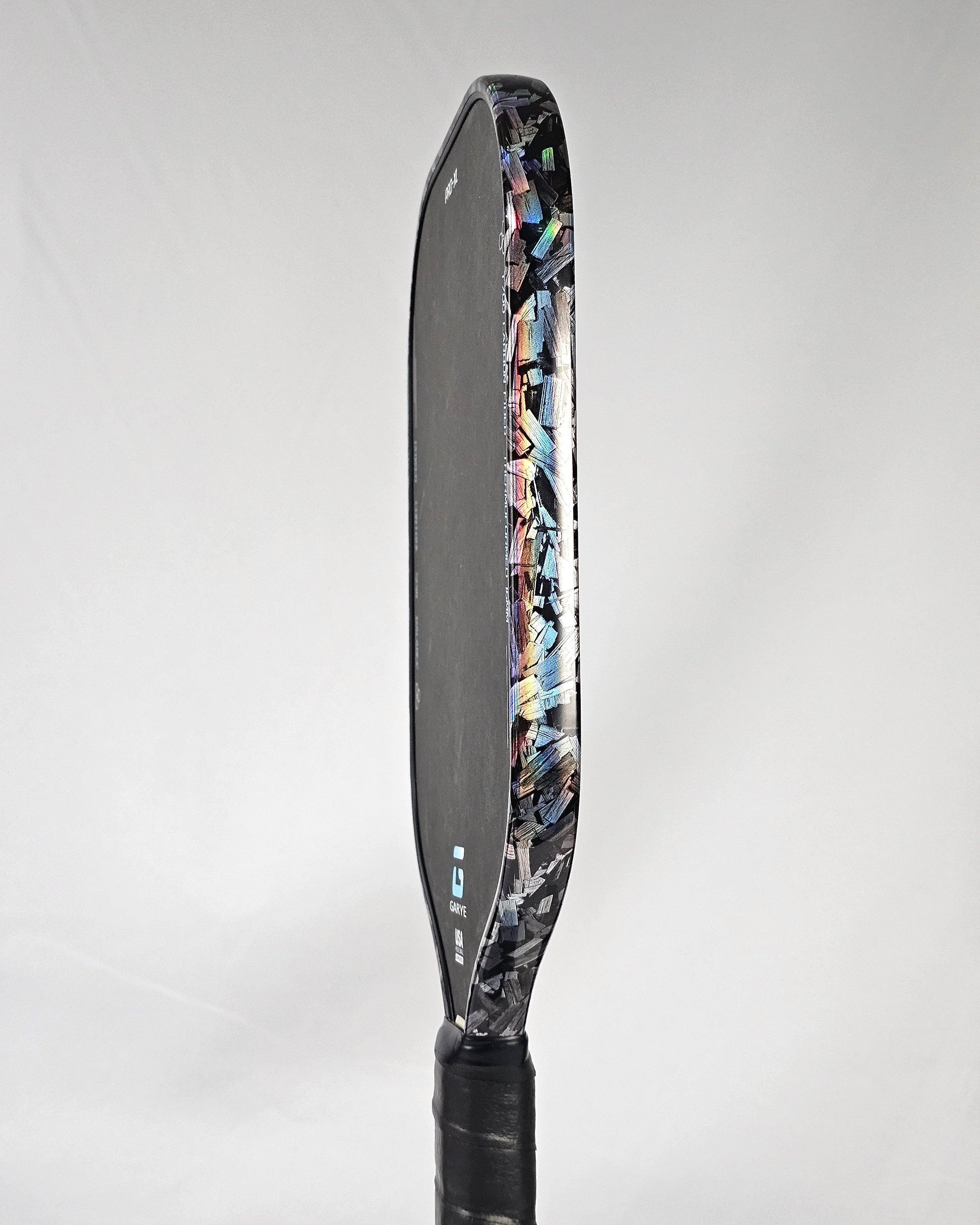 Pickleball paddle with hologram forged carbon edge tape