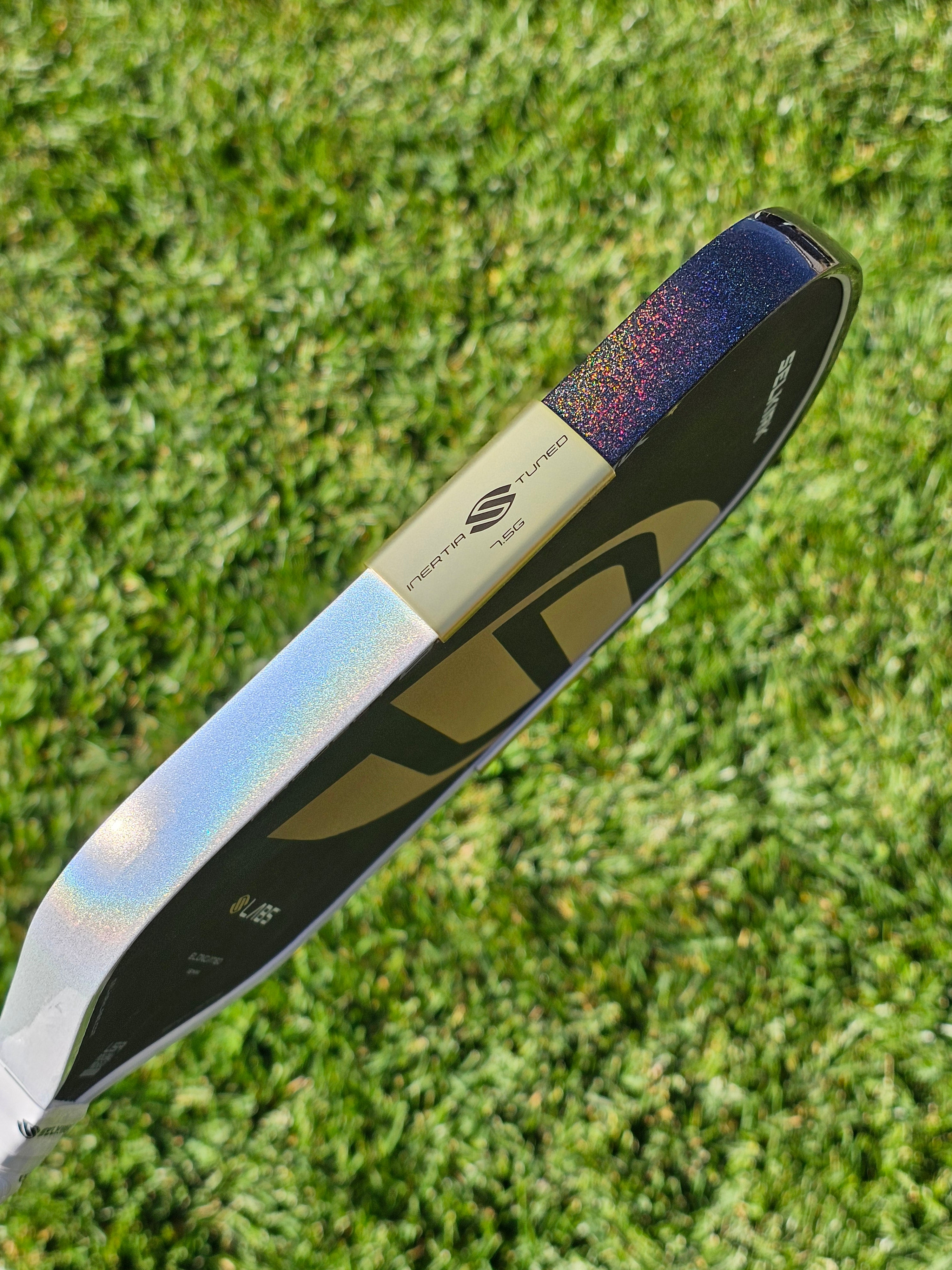 Close up of Selkirk Boomstik Regal edition with 2-tone Black Prism and White Prism edge tape