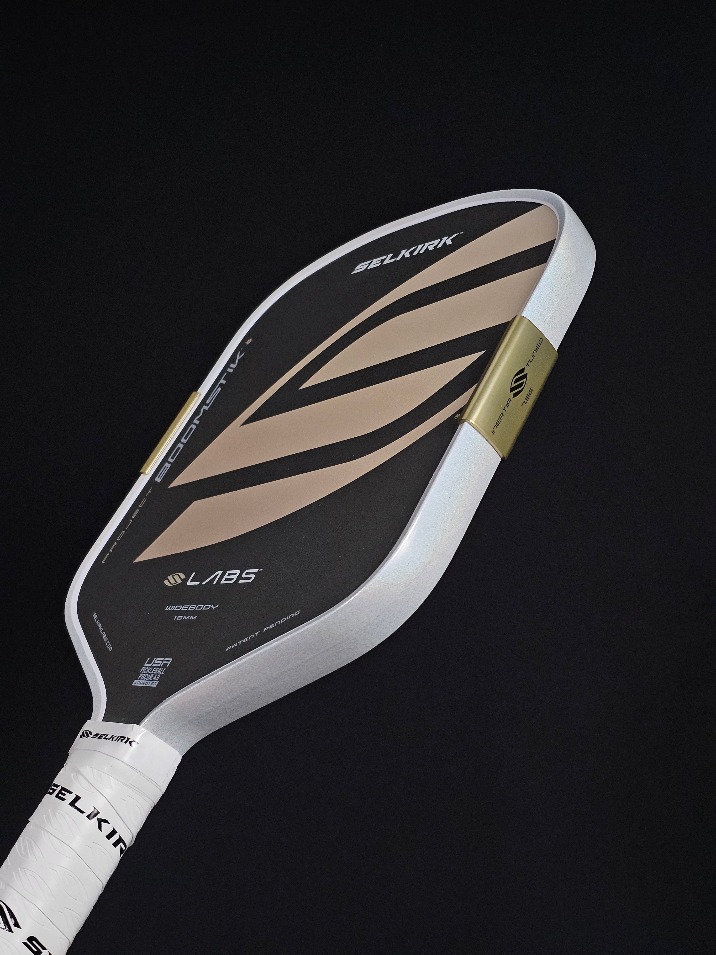 Regal Selkirk Boomstik pickleball paddle with Banzai Pickleball White Prism edge tape