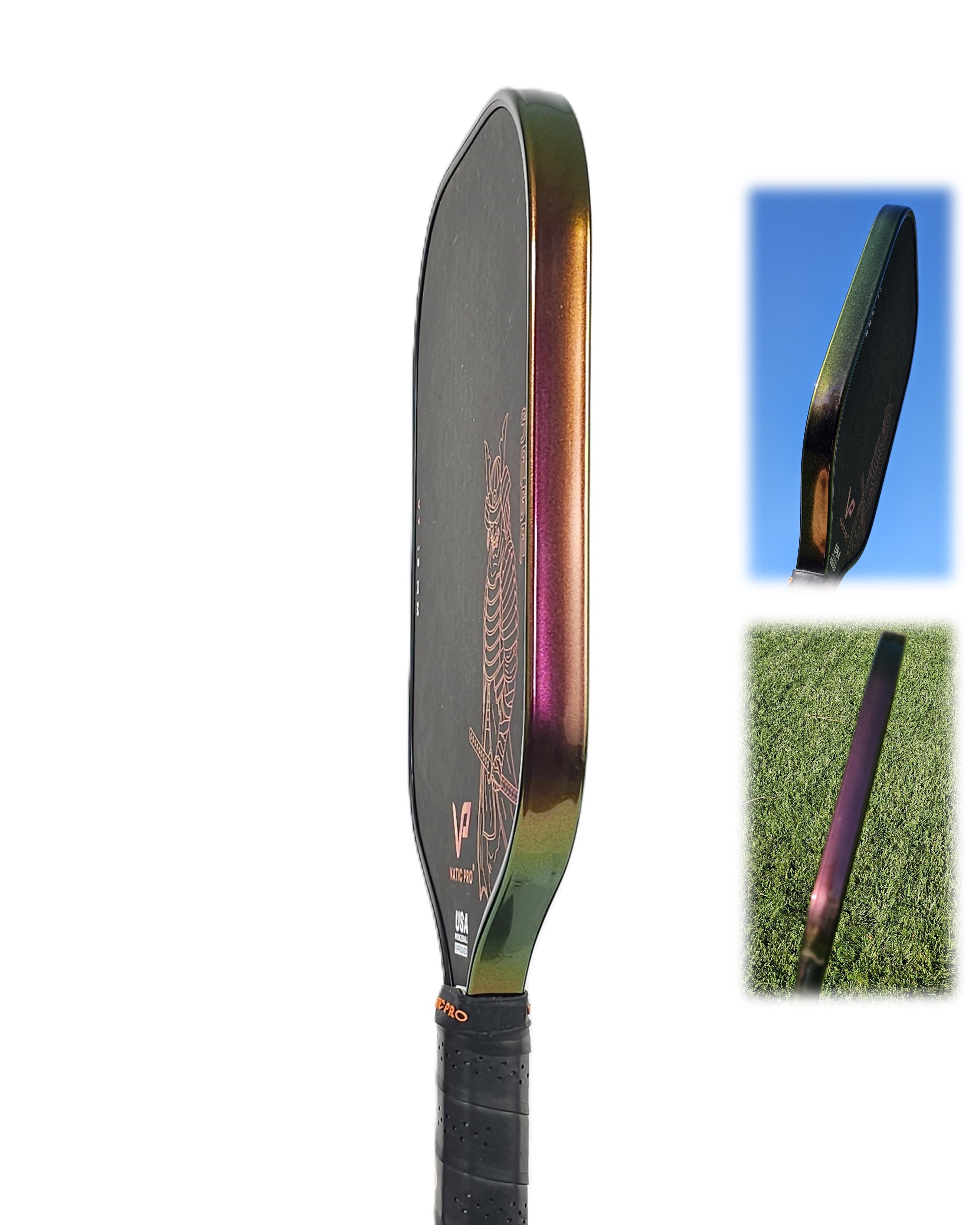 Pickleball paddle with Copper Sunset color shift edge tape