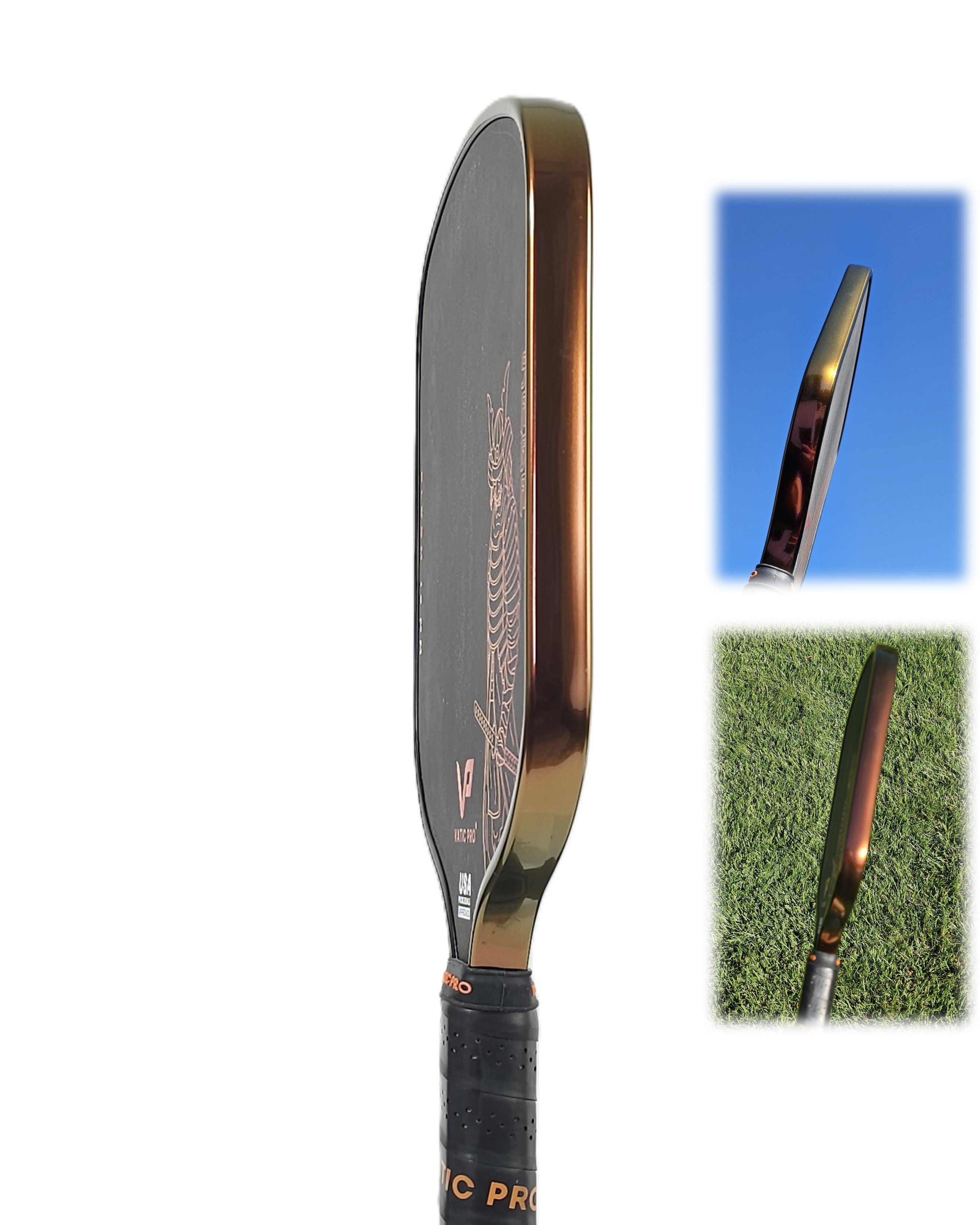 Pickleball paddle with Bronze color shift edge tape