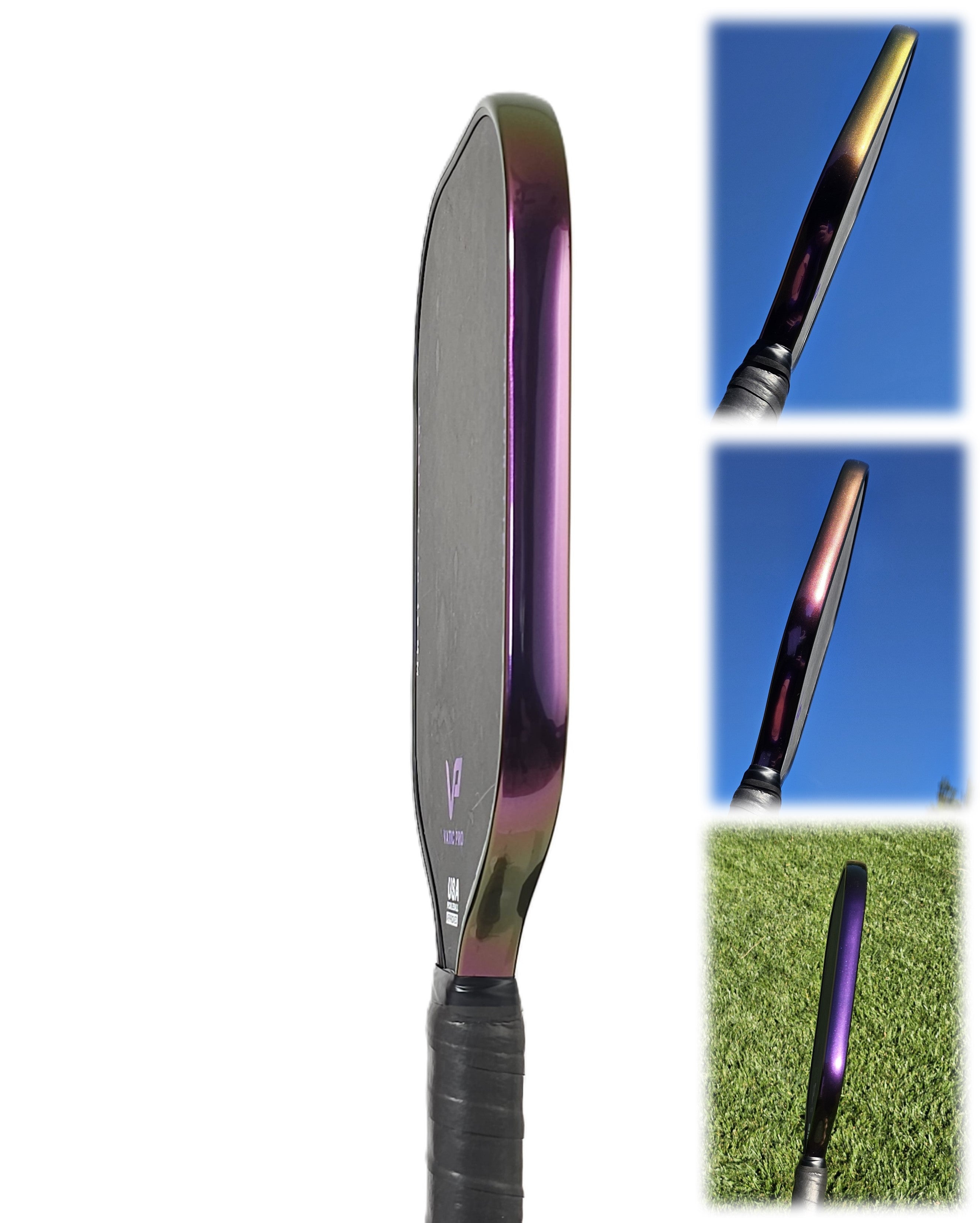 Pickleball paddle with Indigo Sunset color shift edge tape