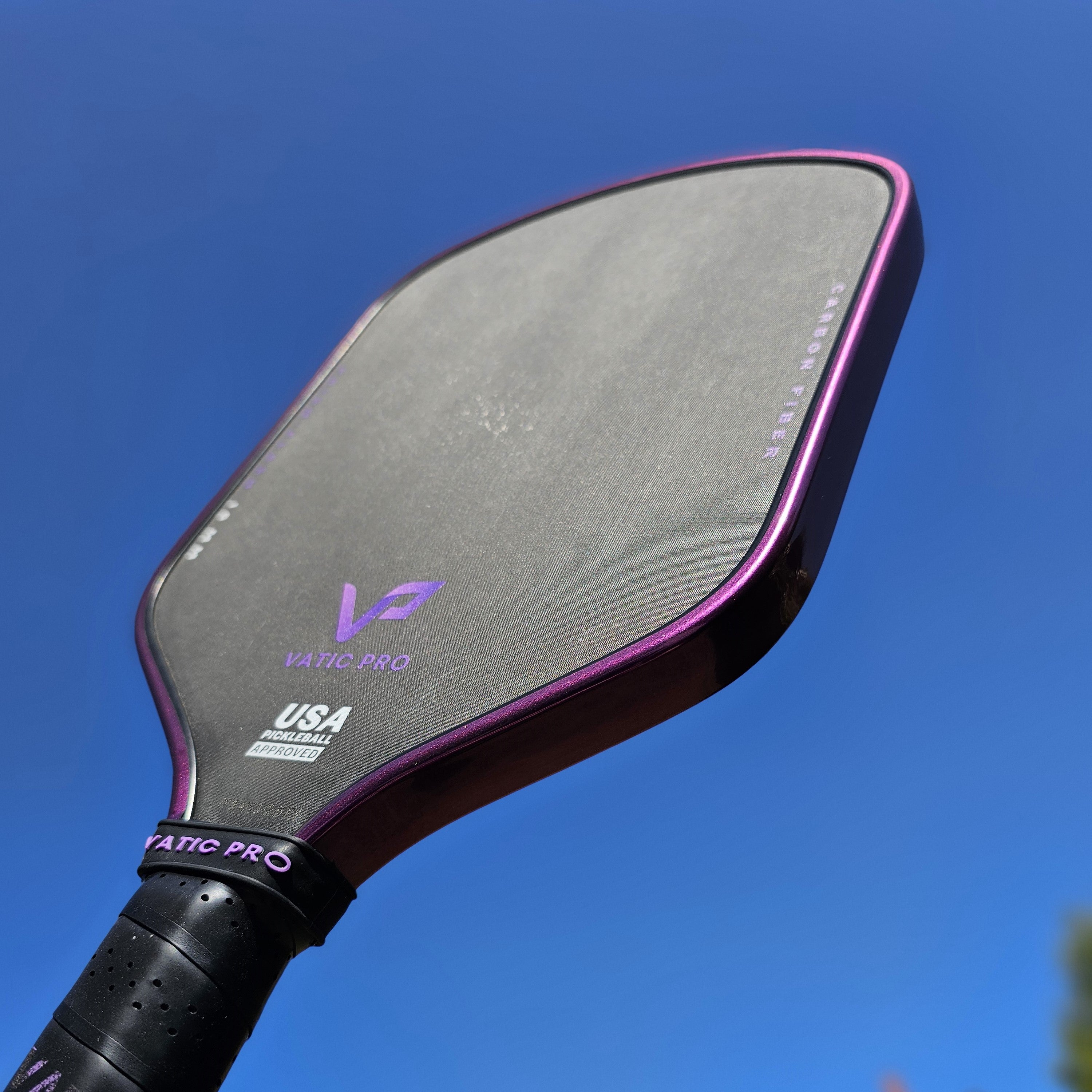 Vatic Pro Prism pickleball paddle with purple metallic edge tape