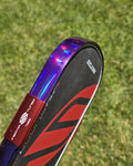 close-up of a pickleball paddle with holographic purple edge tape