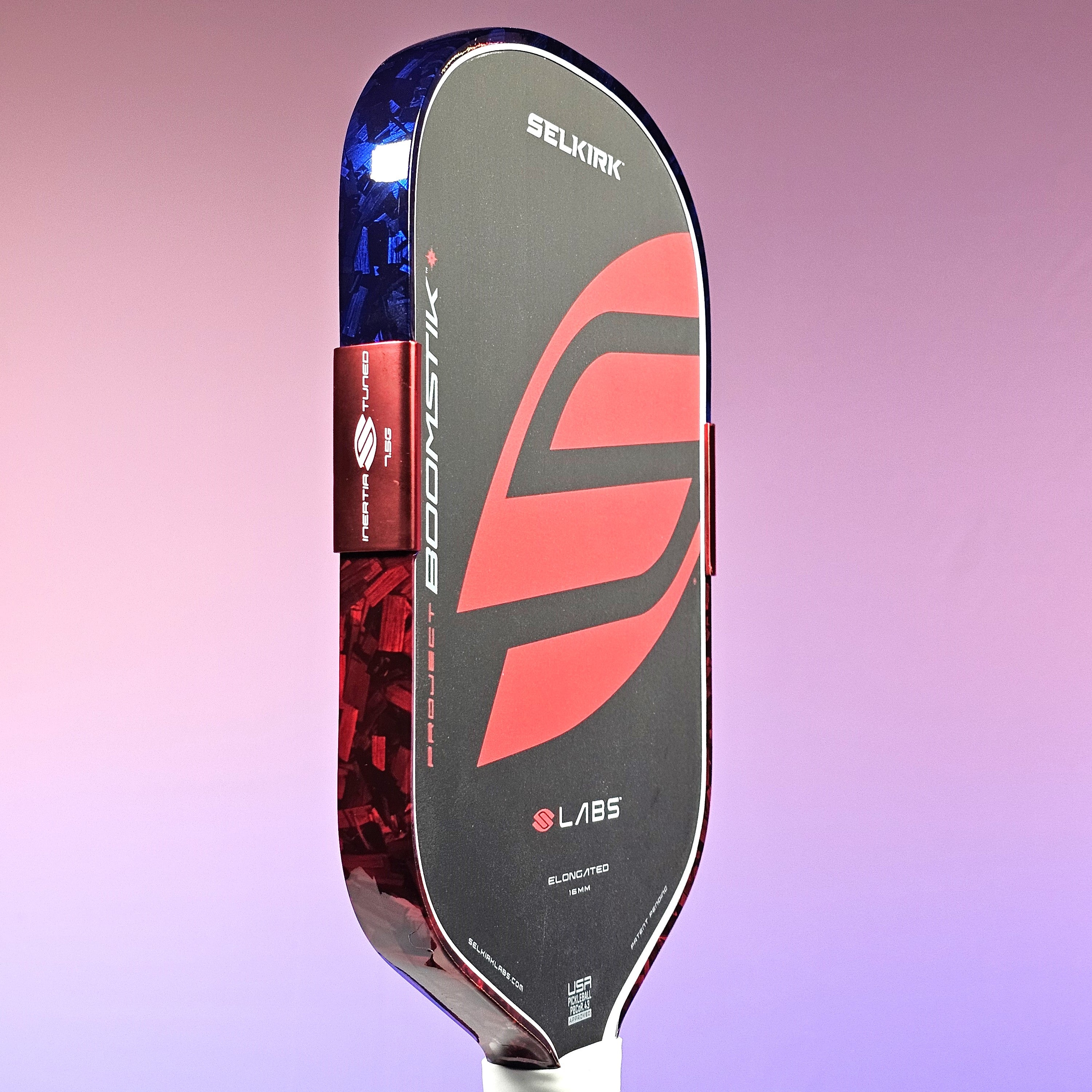 Selkirk Boomstik with 2-tone blue forged carbon and red forged carbon edge tape