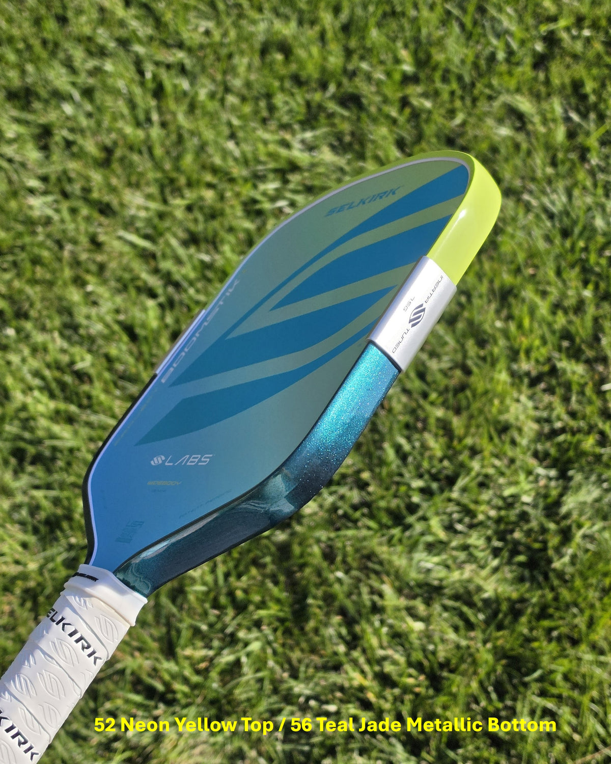 Selkirk Boomstik paddle with neon yellow and teal jade metallic edge tape
