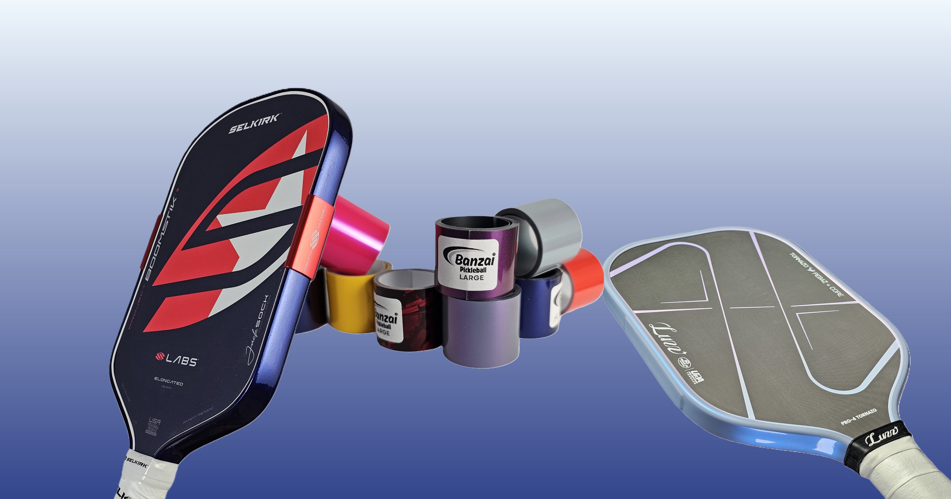 Pickleball paddles and related items on a gradient blue background