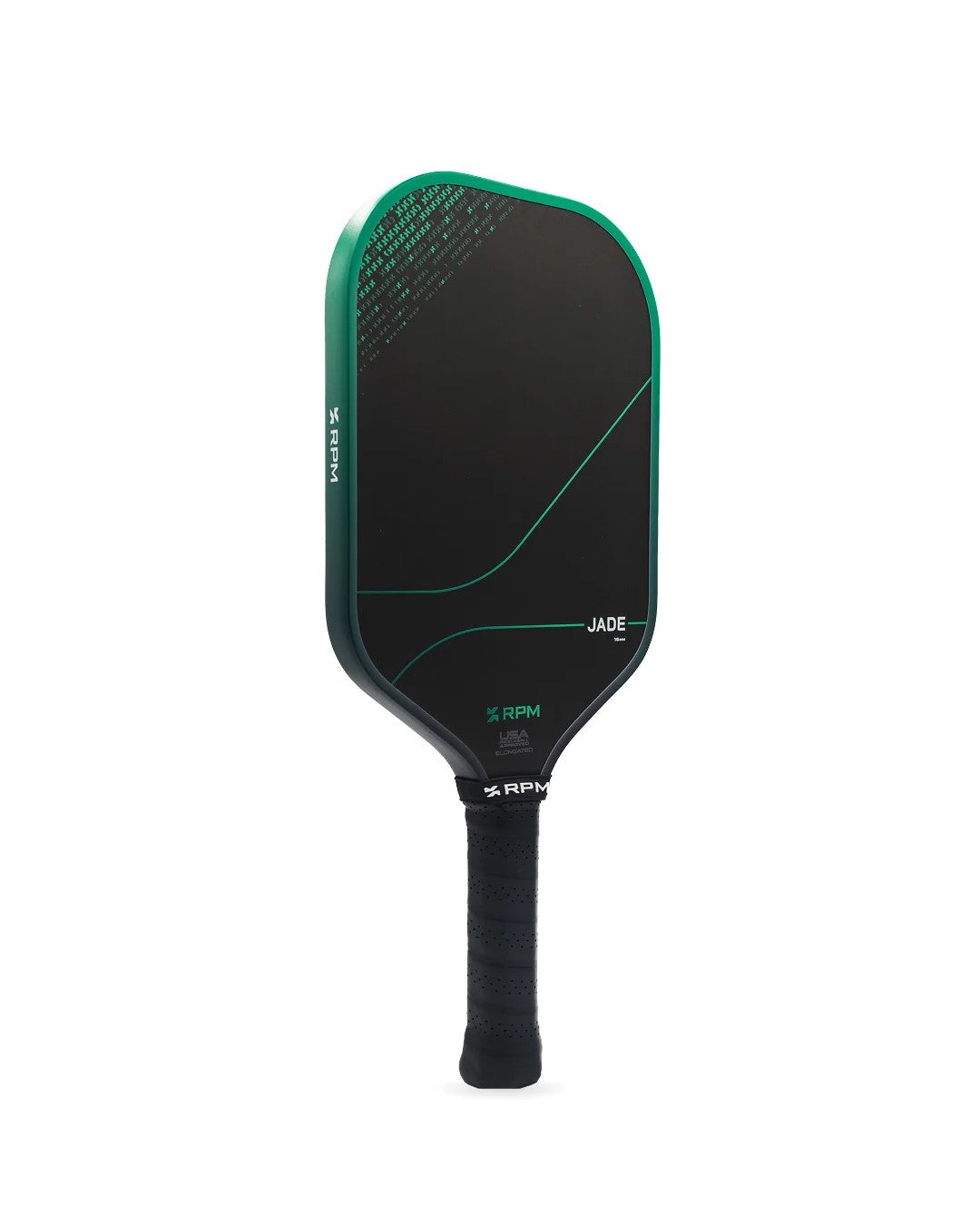 Angled view of a RPM Jade pickleball paddle