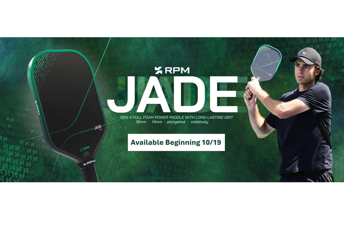 RPM Jade pickleball paddle promotional graphic with a large close-up of the paddle on the left, a male player holding a paddle on the right, and text reading 'JADE' and 'Available Beginning 10/19' over a green textured background.
