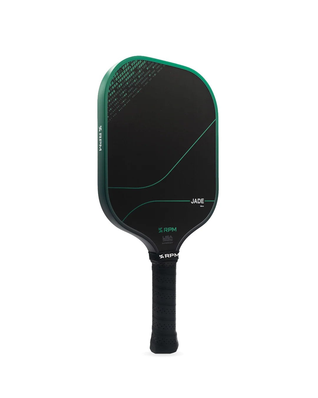 Angled view of a RPM Jade Widebody pickleball paddle
