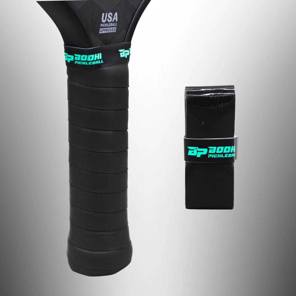 Black BODHI pickleball overgrip on a gray background