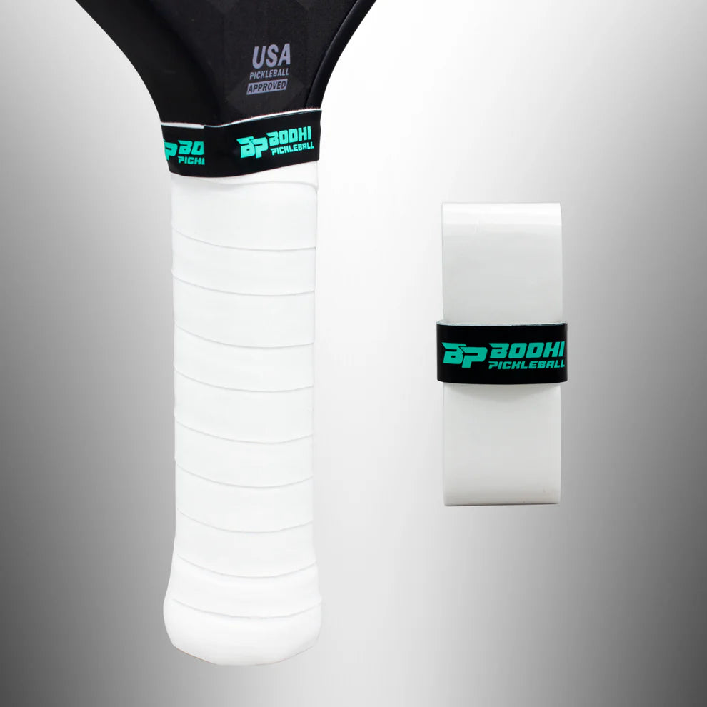 White BODHI pickleball overgrip on a gray background