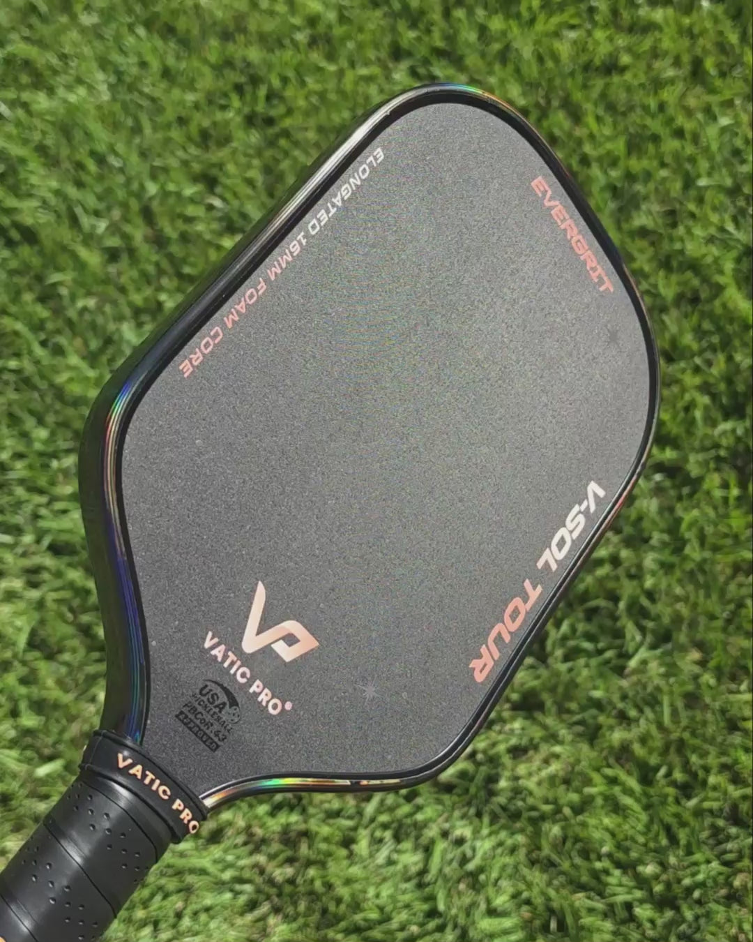 Video clip showing smoke hologram edge tape on a pickleball paddle with a holographic reflection as the paddle is rotated.