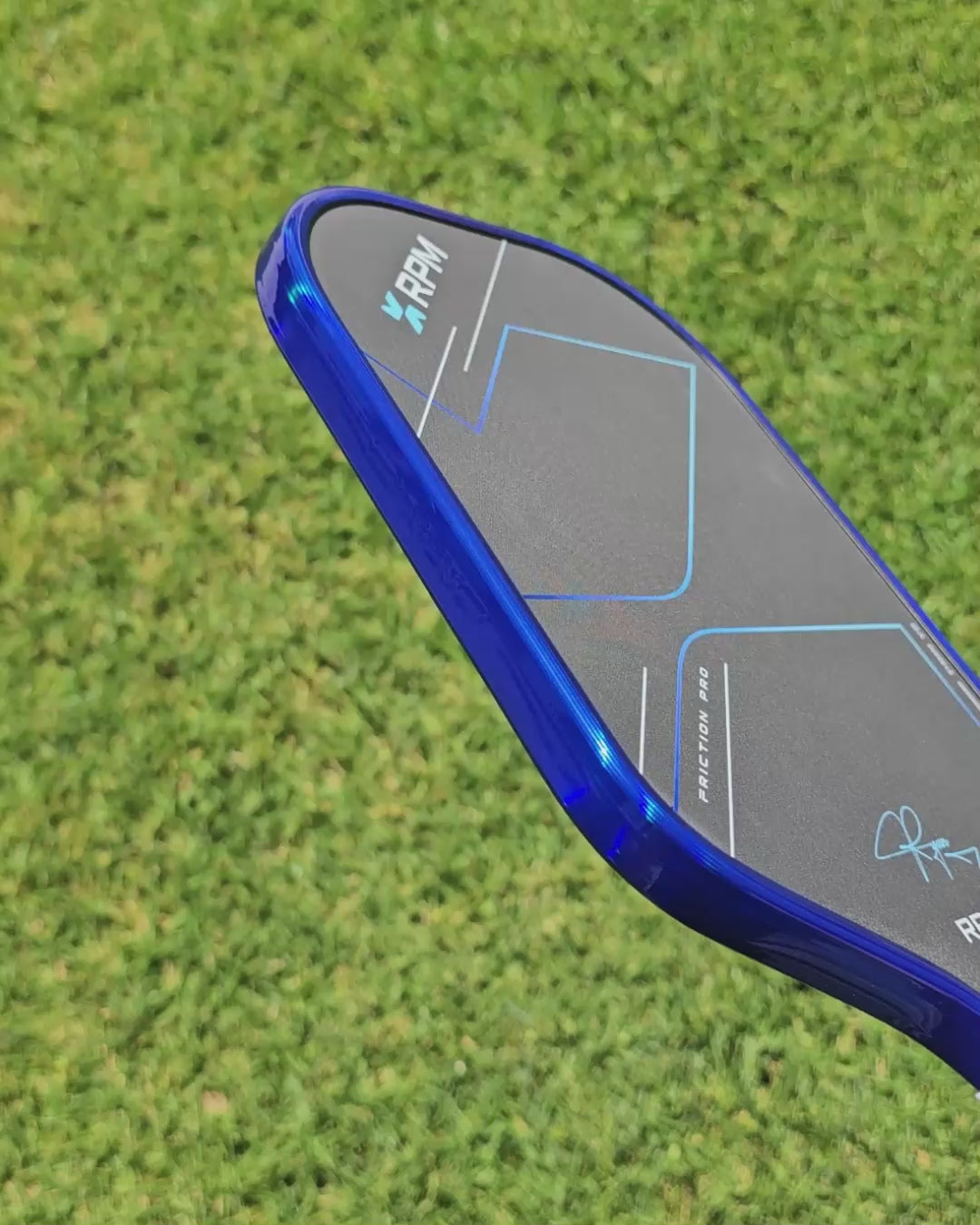 Video of blue hologram edge tape on a pickleball paddle showing the holographic effect
