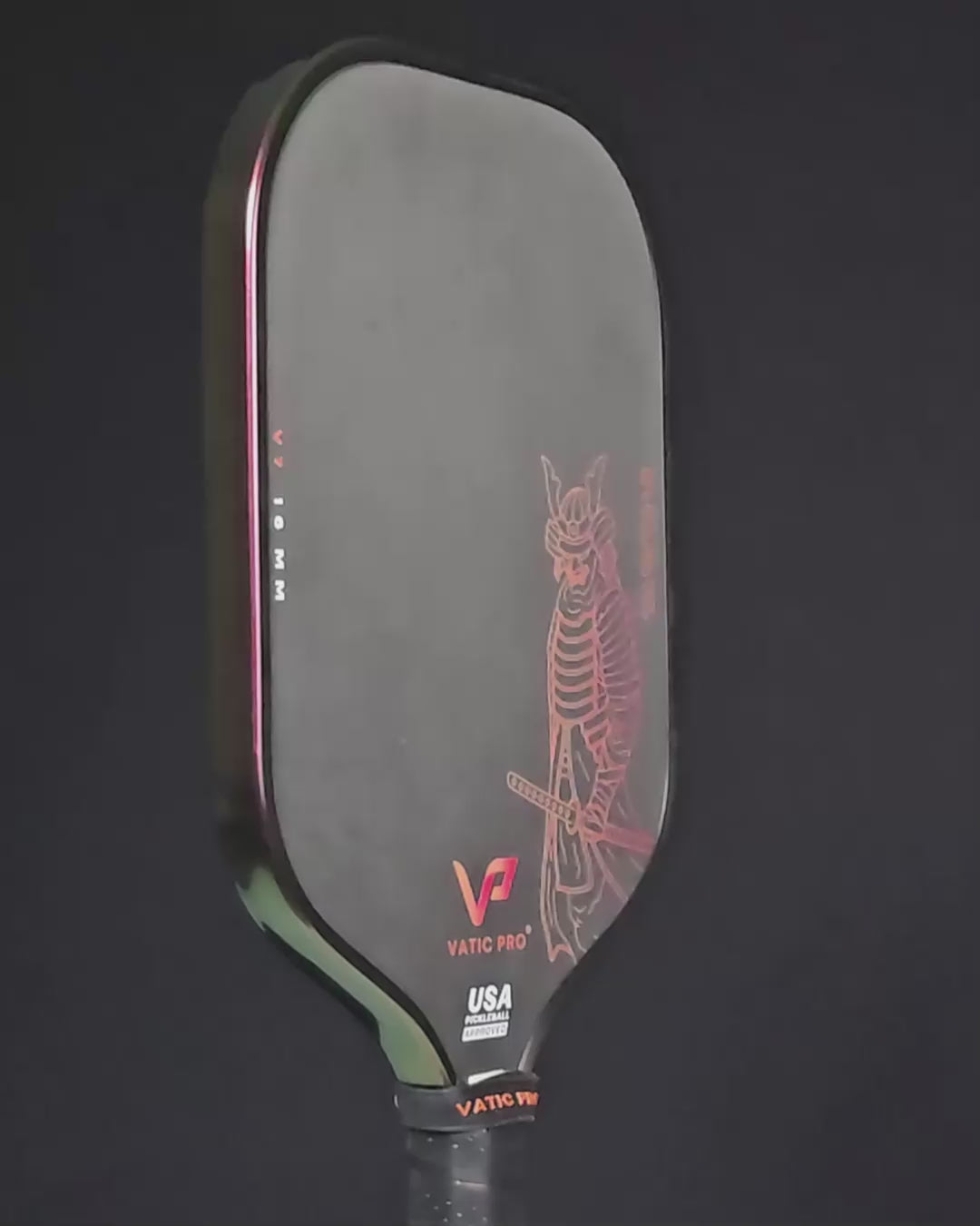 Video clip showing Copper Sunset color shift edge tape installed on a Vatic Pro pickleball paddle